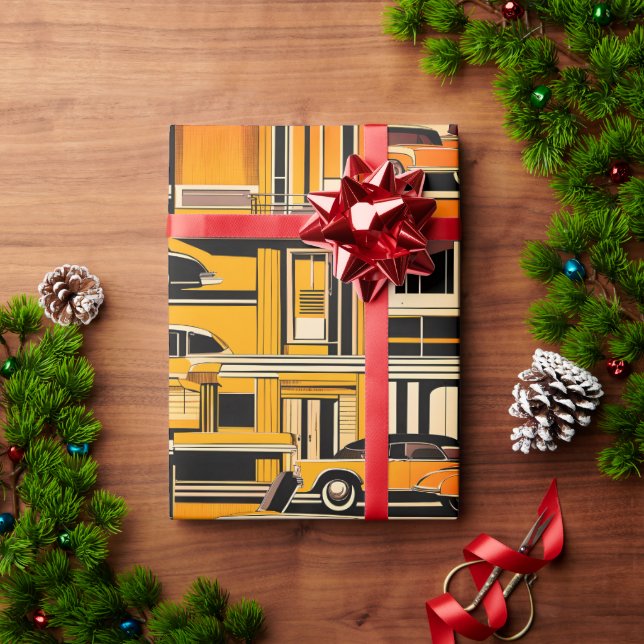 Retro Cars Geometric Mustard Mid Century  Wrapping Paper (Holiday Gift)