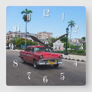 Retro cars on the Havana street Square Wall Clock