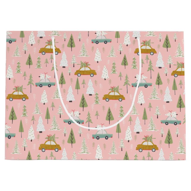 Retro Cars Pink Christmas Woodland Trees forest Large Gift Bag (Front)