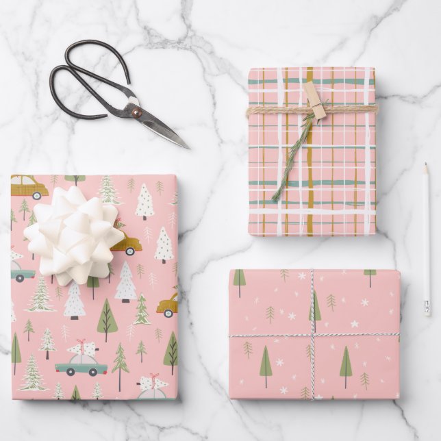 Retro Cars Pink Christmas Woodland Trees Wrapping Paper Sheet (Front)
