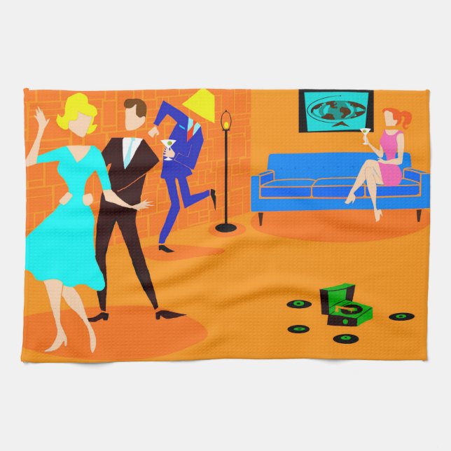 Retro Cartoon Cocktail Party Kitchen Towel (Horizontal)