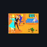 Retro Cartoon Cocktail Party Stretched Canvas<br><div class="desc">This Retro Cartoon Cocktail Party Stretched Canvas doesn't have an introverted bone in its body! The mid century modern design features a vibrant cartoon drawing of a living room and a lively cocktail party. There is an attractive couple on the dance floor. The blonde woman in a turquoise dress and...</div>