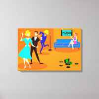 Retro Cartoon Cocktail Party Stretched Canvas