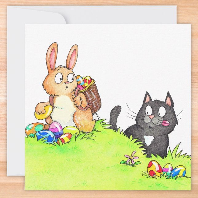 Retro Cartoon Easter Bunny & Black Cat Easter Card (Creator Uploaded)