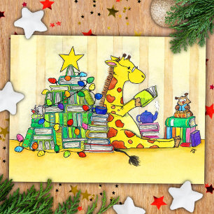 Retro Cartoon Giraffe Bookmas Christmas postcard