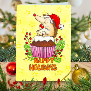 Retro Cartoon Hedgehog Christmas Pudding Cupcake Card