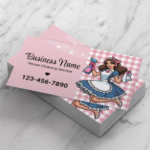 Retro Cartoon Maid House Cleaning Service Pink Business Card