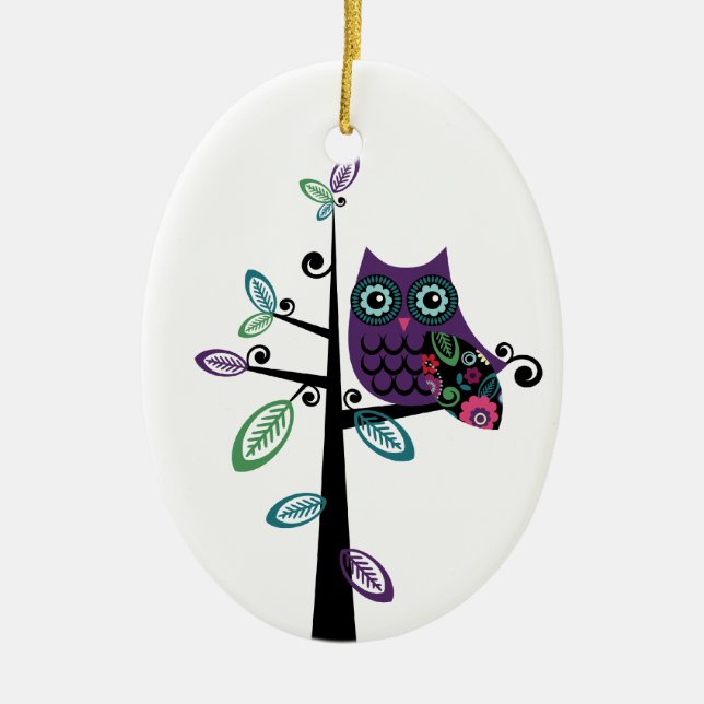 Retro Cartoon Owl in His Funky Tree Ceramic Tree Decoration (Front)