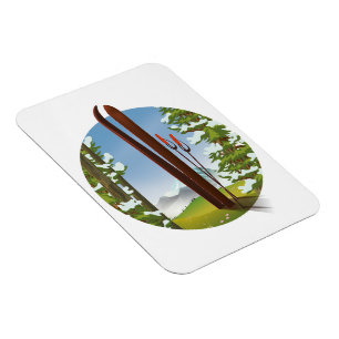 Retro cartoon ski travel logo magnet