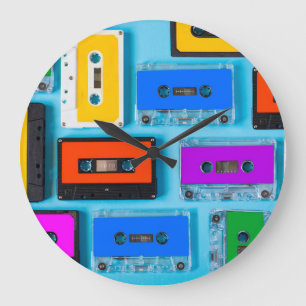 Retro Cassette: Blue Background Collection Large Clock