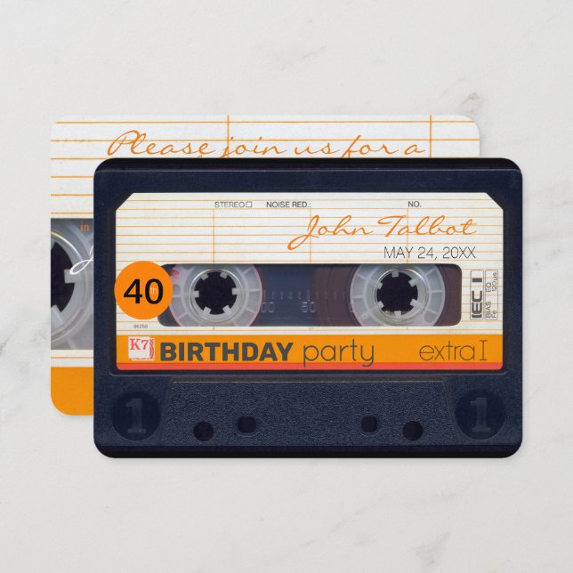 Retro Cassette tape 40th birthday Party Invitation (Front/Back)