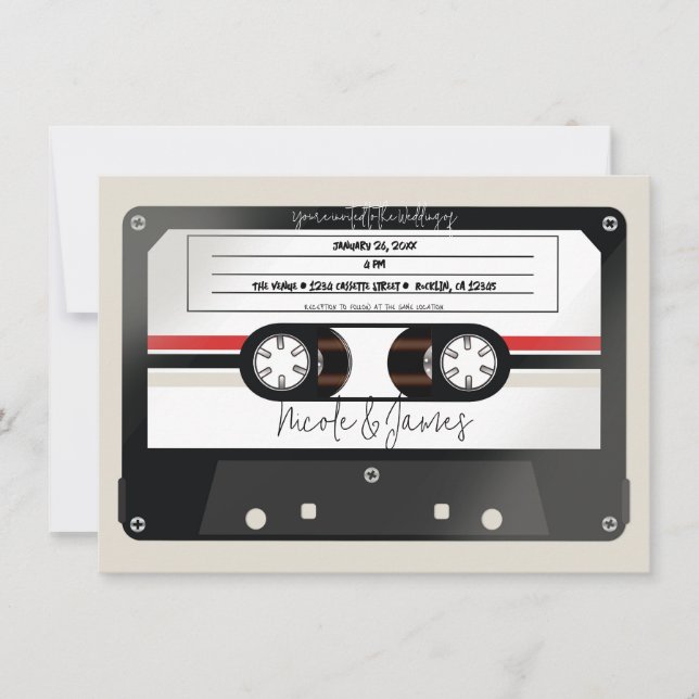 Retro Cassette Tape Beige Grey 80's 90's Wedding Invitation (Front)