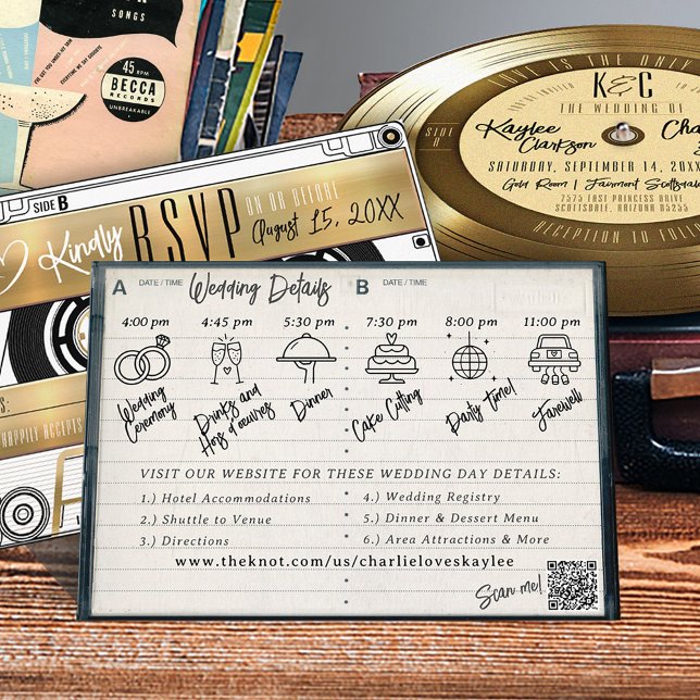 Retro Cassette Tape Case Wedding Details Timeline Enclosure Card (Retro Gold Vinyl Record Cassette Tape Case Wedding Invitation Details card, timeline infographic)