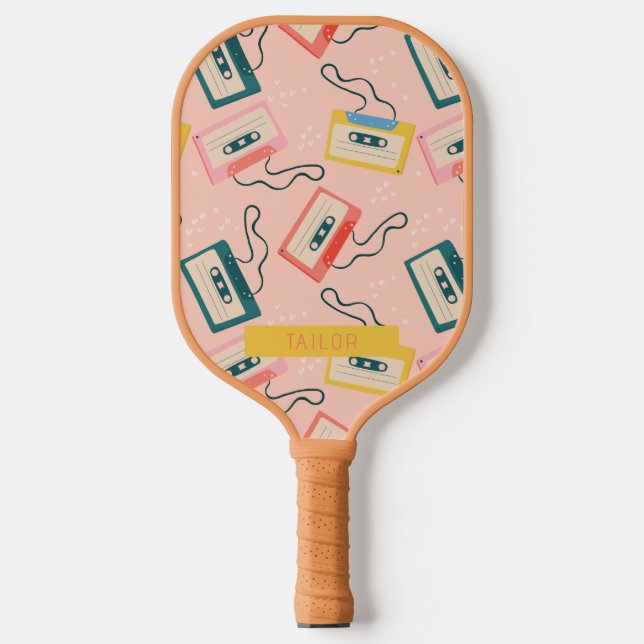 Retro Cassette Tape Pattern Pink Pickleball Paddle (Front)