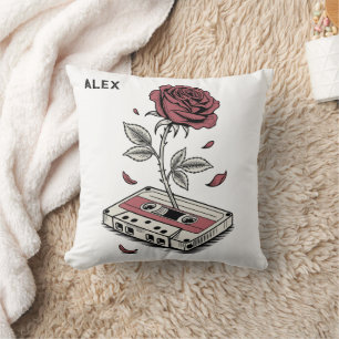 Retro Cassette Tape Rose Personalised Name Cushion