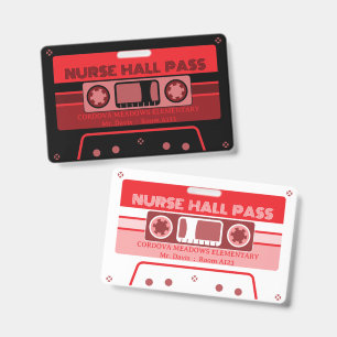 retro cassette tape school nurse hall pass ID badge