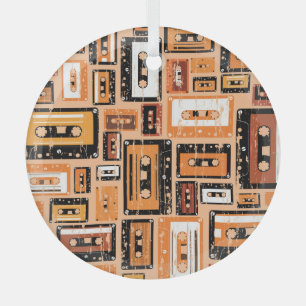 Retro Cassette Tape Seamless Pattern Glass Tree Decoration
