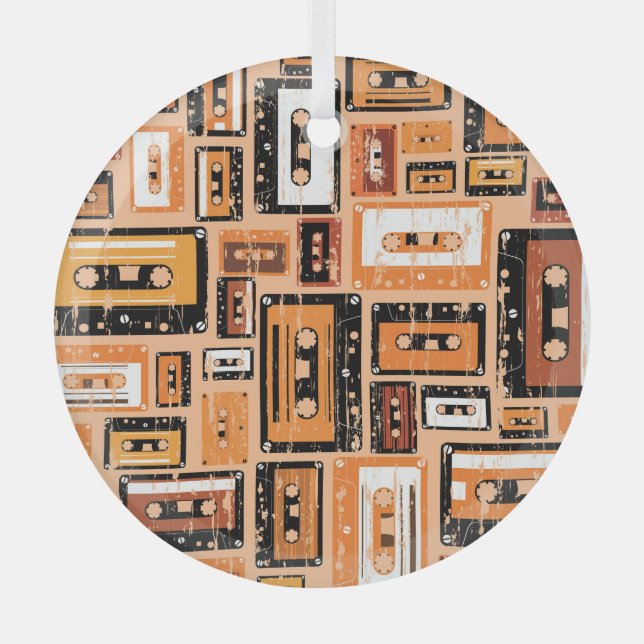 Retro Cassette Tape Seamless Pattern Glass Tree Decoration (Front)