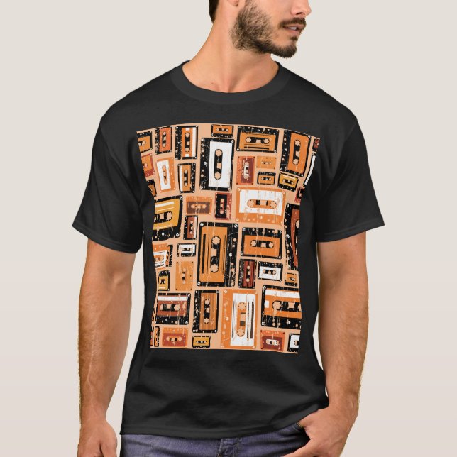 Retro Cassette Tape Seamless Pattern T-Shirt (Front)