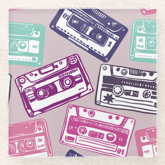 Retro cassette tapes, hand-drawn pattern. glass coaster (Front)