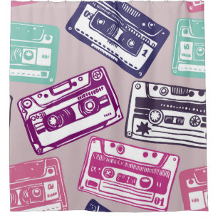 Retro cassette tapes, hand-drawn pattern. shower curtain