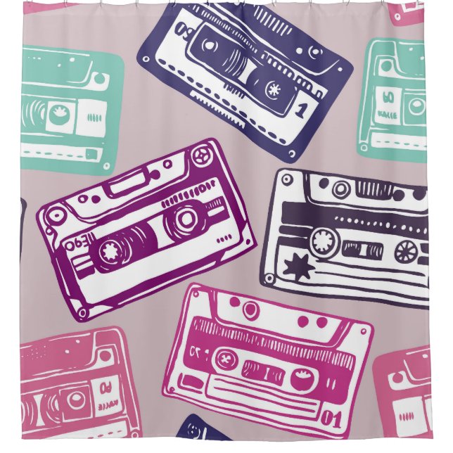 Retro cassette tapes, hand-drawn pattern. shower curtain (Front)