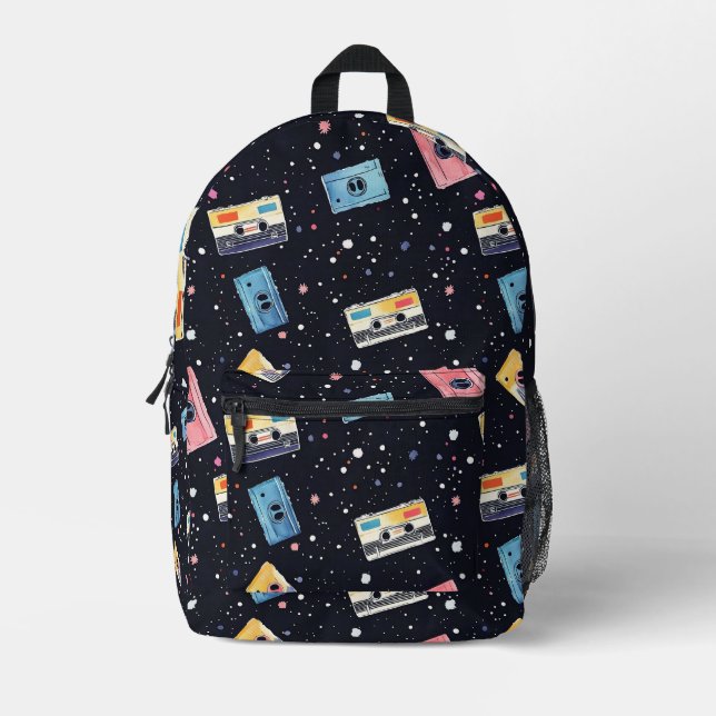 Retro Cassette Tapes in Cosmic Space Printed Backpack (Front)