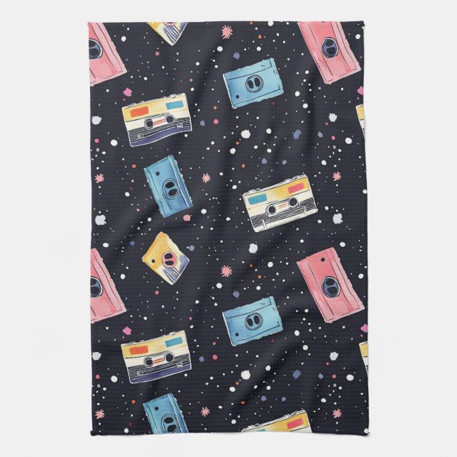 Retro Cassette Tapes in Cosmic Space Tea Towel (Vertical)