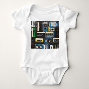 Retro Cassettes: Blue Background Vintage. Baby Bodysuit