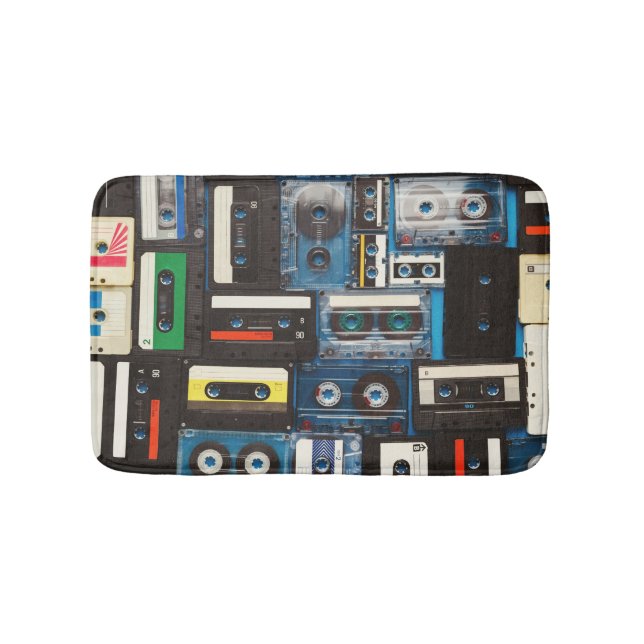 Retro Cassettes: Blue Background Vintage. Bath Mat (Front)