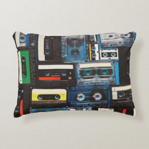 Retro Cassettes: Blue Background Vintage. Decorative Cushion