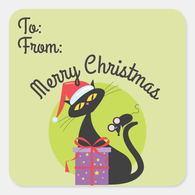 Retro Cat and Mouse Christmas Gift Tag (Front)