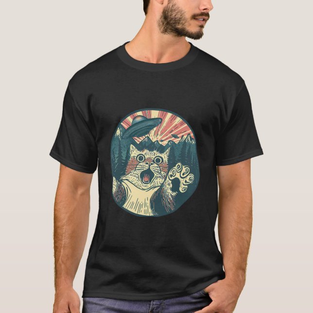Retro Cat And Ufo Alien T-Shirt (Front)