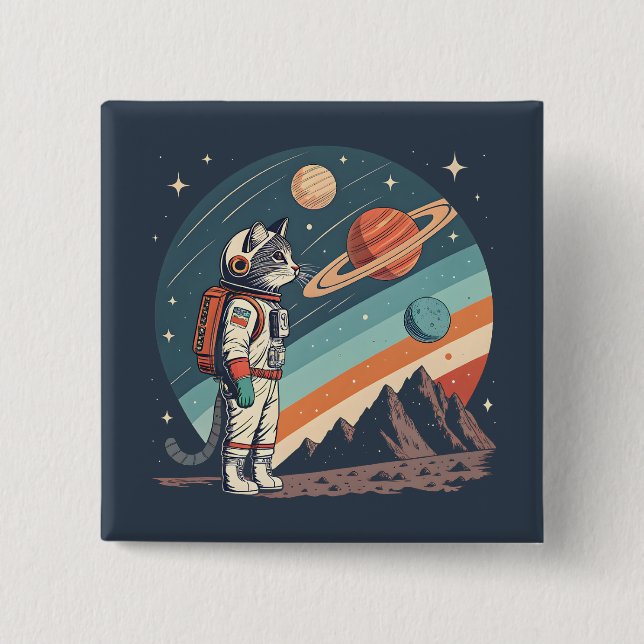 Retro Cat Astronaut Cosmic Space Illustration 15 Cm Square Badge (Front)