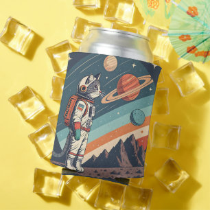 Retro Cat Astronaut Cosmic Space Illustration Can Cooler