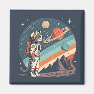 Retro Cat Astronaut Cosmic Space Illustration Magnet