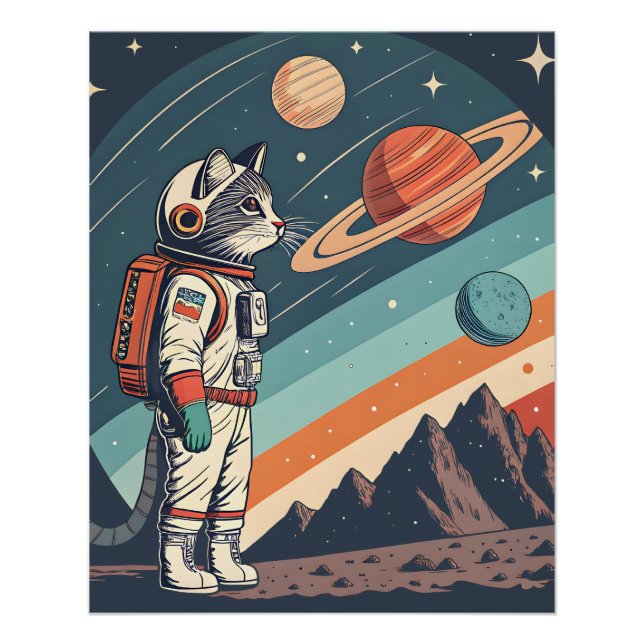 Retro Cat Astronaut Cosmic Space Illustration Poster (Front)