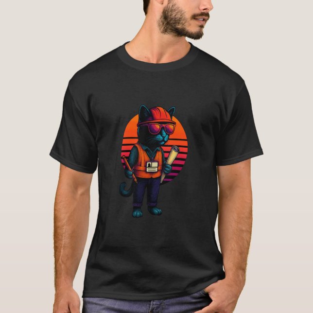 Retro Cat Blueprint Survey Civil Engineering Techn T-Shirt (Front)