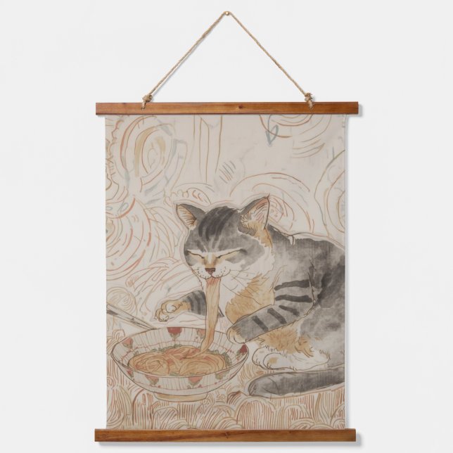 Retro Cat Eating Ramen Hanging Tapestry (Front)