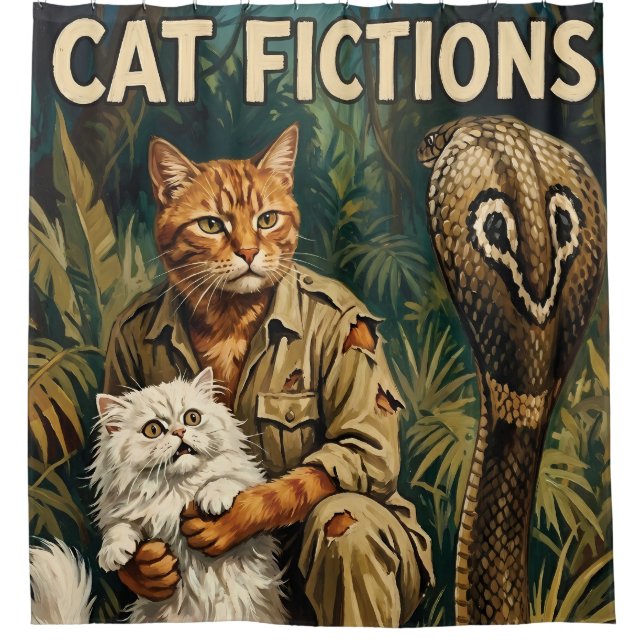 Retro "Cat Fictions" Jungle Danger Shower Curtain (Front)