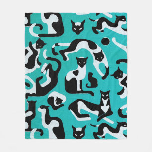 Retro cat fleece blanket, pattern aqua black white