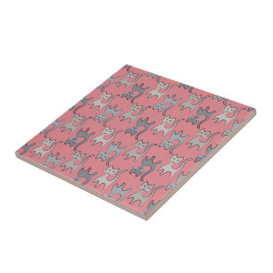 Retro Cat Graphic Pattern Grey Tile