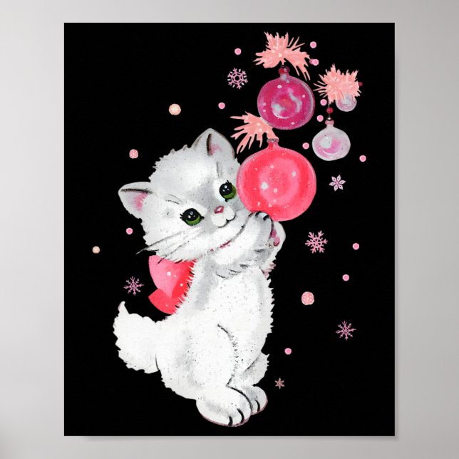 Retro Cat Kitten Plays With Pink Christmas Ornamen Poster (Front)