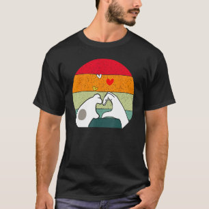 Retro Cat Love Cat Paw and Human Hand in Heart T-Shirt