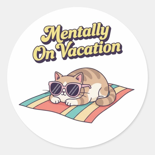 Retro Cat Mentally On Vacation Vinyl Sticker (Front)