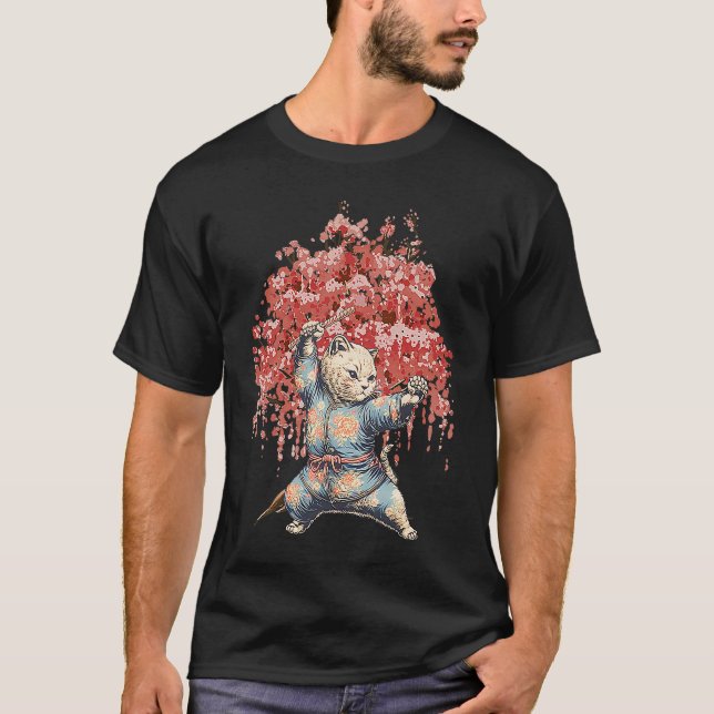 Retro Cat Ninja behind japanese sakura tree  1 T-Shirt (Front)