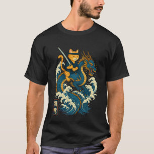 Retro Cat Ninja Riding Dragon Japanese Ukiyo-e Sam T-Shirt