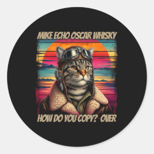 Retro Cat Pilot Mike Echo Oscar Whisky M.e.o.w  Classic Round Sticker