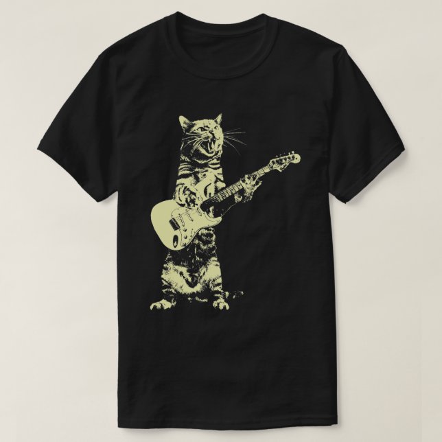 Retro Cat Playing Bass Guitar Cat Guitarist Music T-Shirt (Design Front)