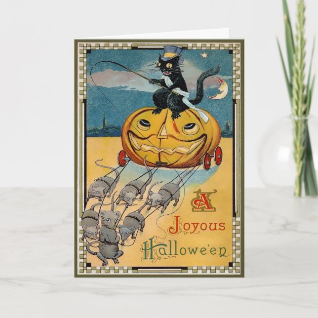 Retro Cat Riding Pumpkin Halloween Card (Front)